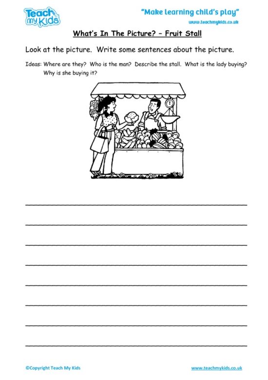 Worksheets for kids - what’s in the picture – fruit stall